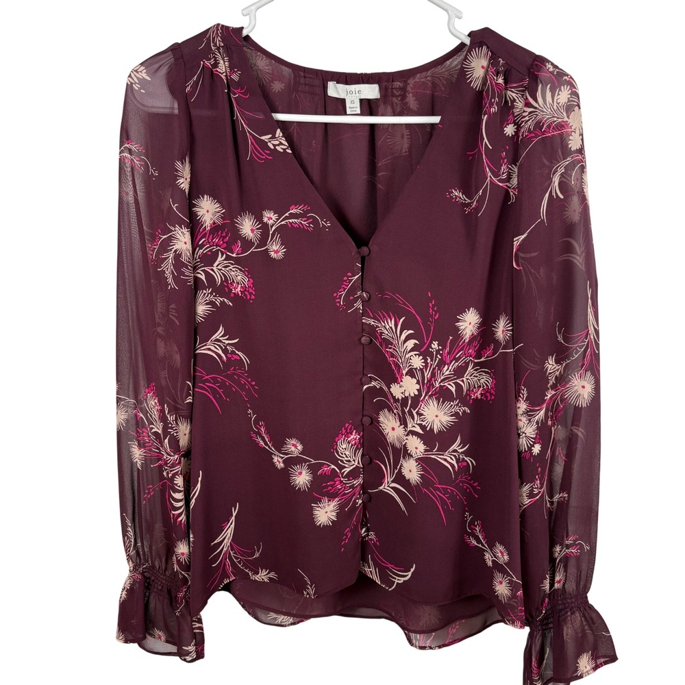 Joie Silk Blouse Women's XS Burgundy Floral‎ Button Front Sheer Chiffon Romantic